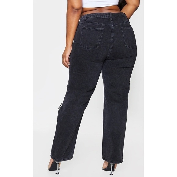 N018 RETTYLITTLETHING Plus Washed Black Ripped Straight Leg Jeans - Picture 3 of 9